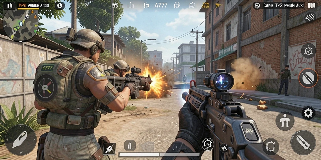 Screenshot utama A7777 menunjukkan aksi intens di medan perang.