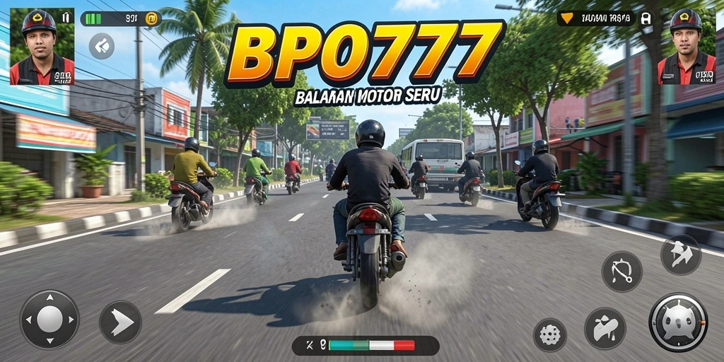 Gameplay seru BPO777 saat balapan motor di trek menantang.