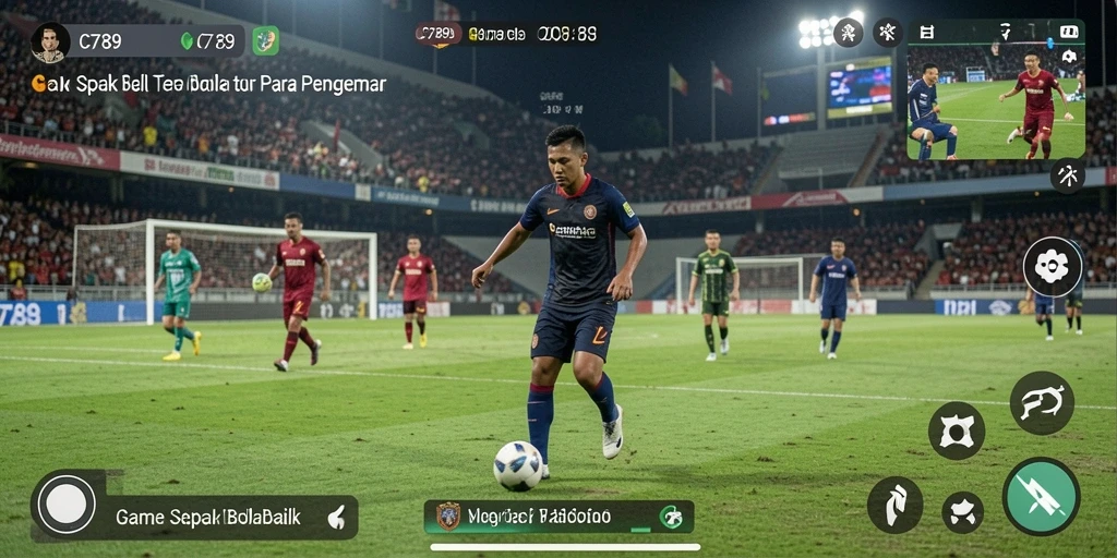 Screenshot utama dari gameplay C789 yang menampilkan aksi seru di lapangan sepak bola.