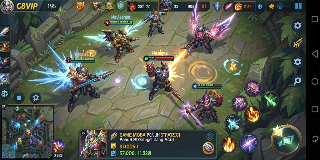 Screenshot utama C8VIP menampilkan pertempuran MOBA yang intens dan strategis.