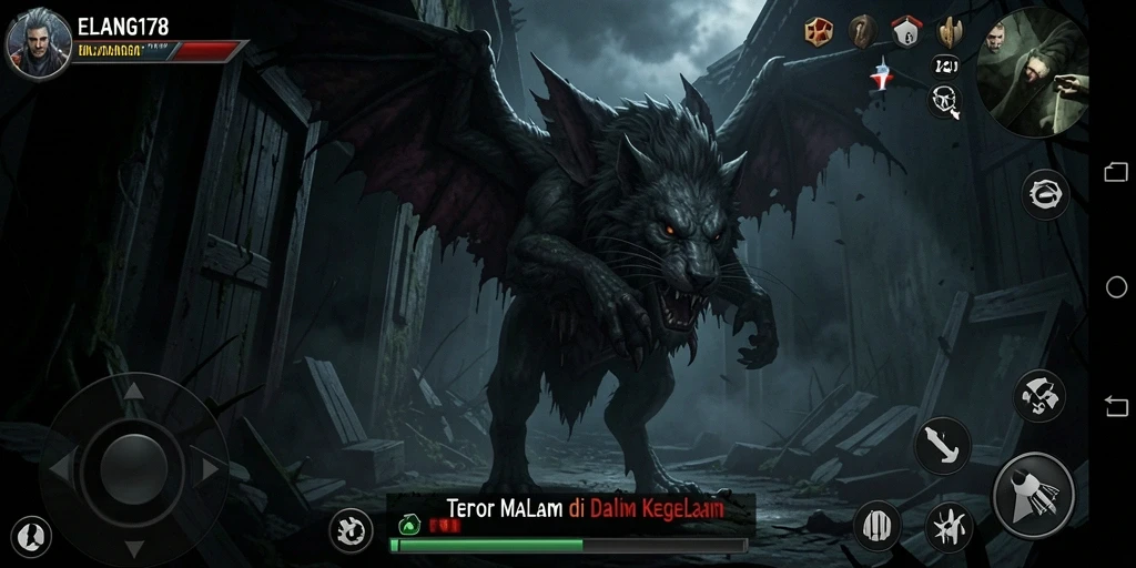 Screenshot utama ELANG178 menampilkan gameplay penuh ketegangan dan kegelapan.