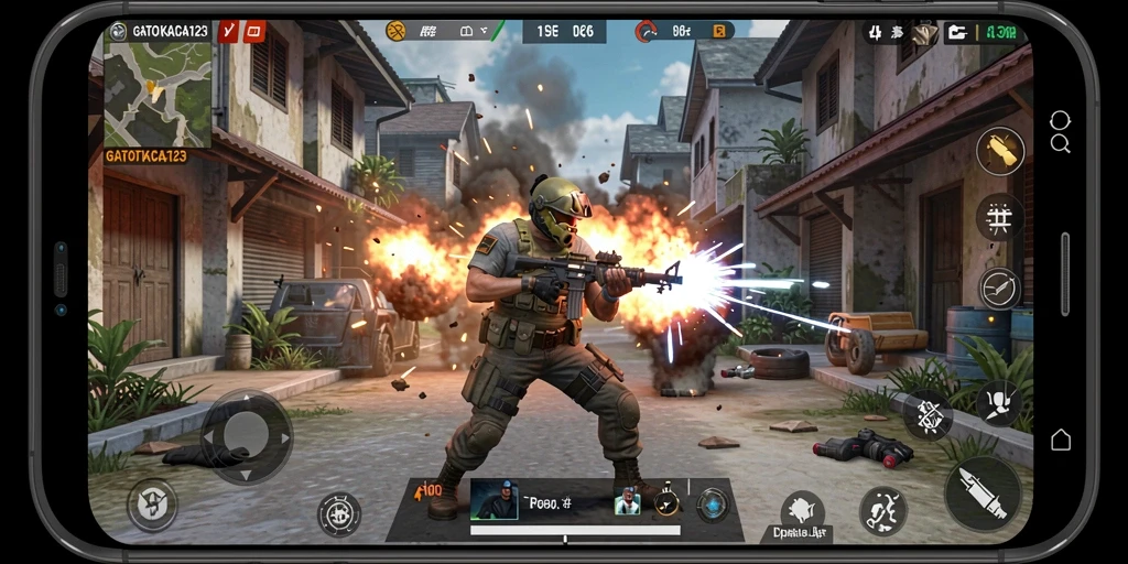 Tampilan seru gameplay multiplayer GATOTKACA123 dengan aksi tembak-menembak.