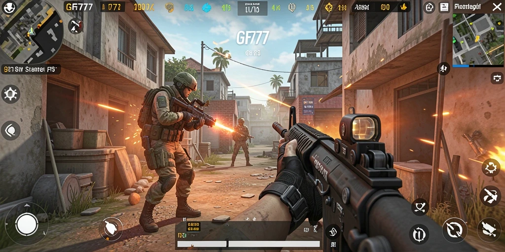Screenshot utama GF777 menampilkan aksi intens dalam pertempuran FPS.