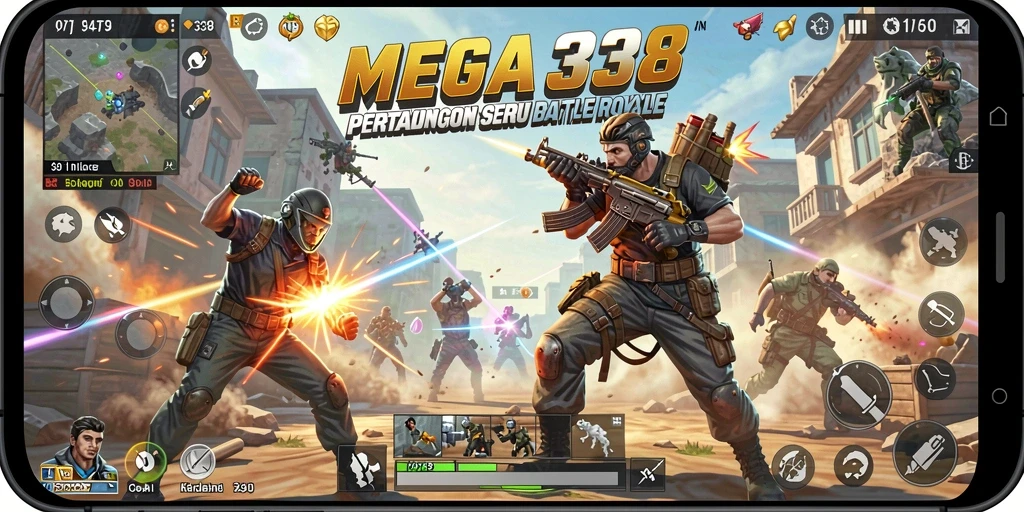 Tangkapan layar utama MEGA338 menampilkan aksi intense dalam pertempuran Battle Royale.