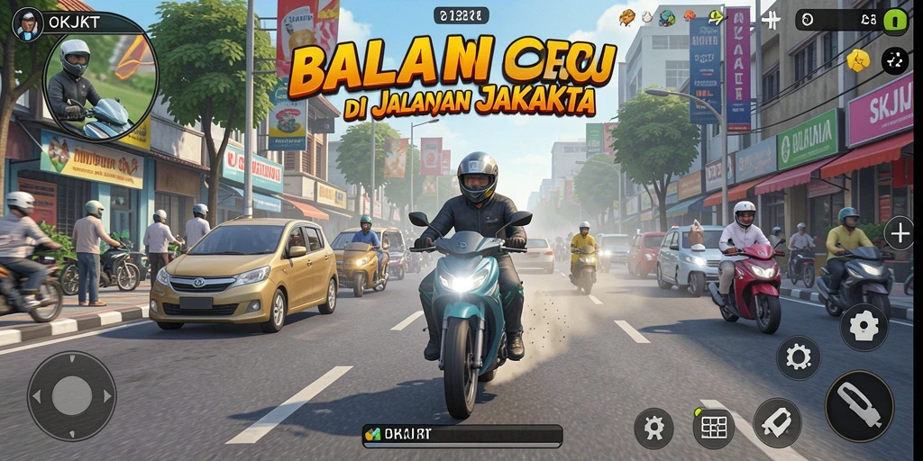 Tampilan gameplay seru balapan motor di Jakarta.