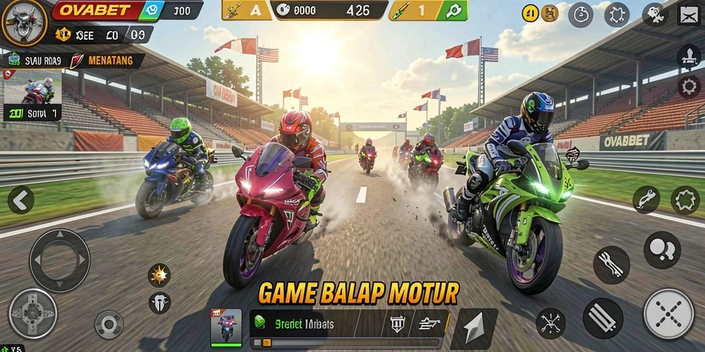 Screenshot gameplay OVABET dengan aksi balap motor yang mendebarkan.