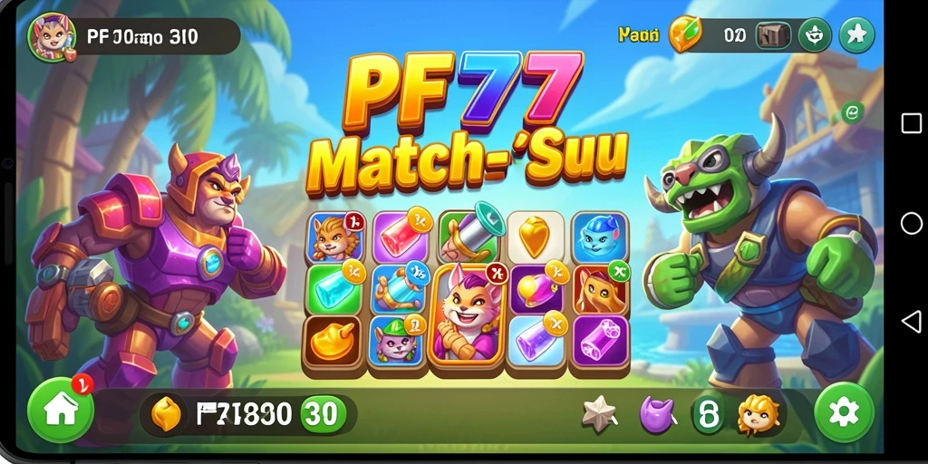 Screenshot utama PF777 menampilkan aksi mencocokkan batu permata berwarna.