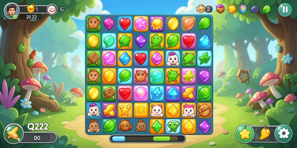 Screenshot menunjukkan gameplay seru dalam QQ222 dengan level Match-3.