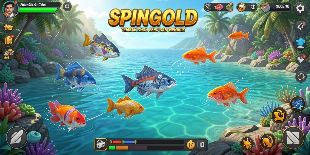 Screenshot gameplay SPINGOLD menampilkan aksi menembak ikan yang seru.
