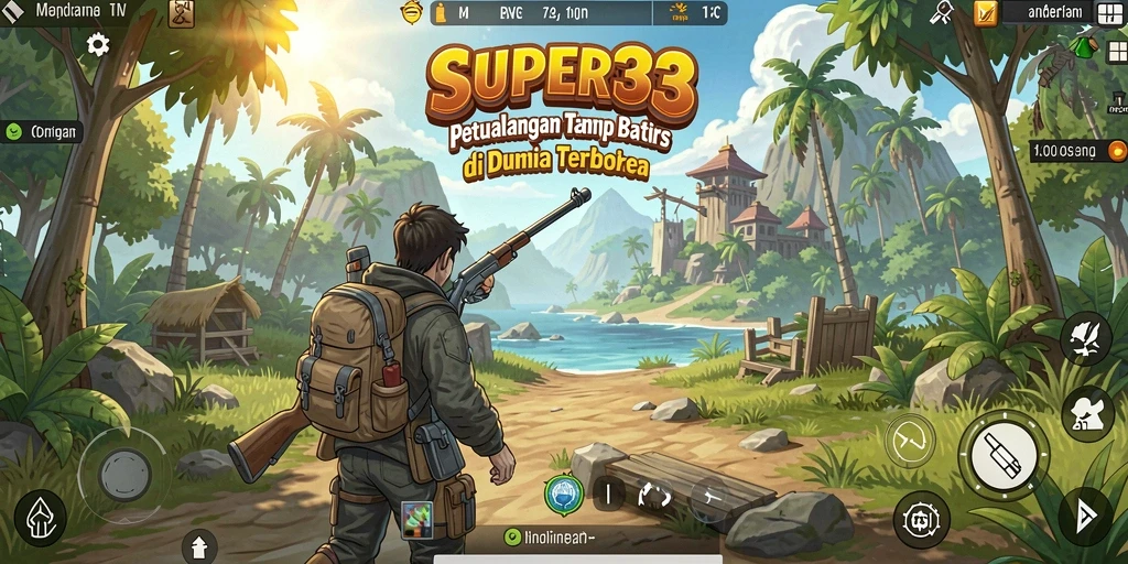 Tangkapan layar SUPER33 menampilkan pemandangan indah dari dunia terbuka.