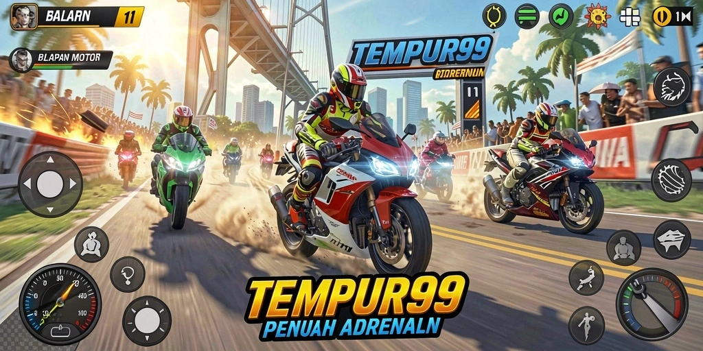 Gameplay mendebarkan balapan motor di TEMPUR99.