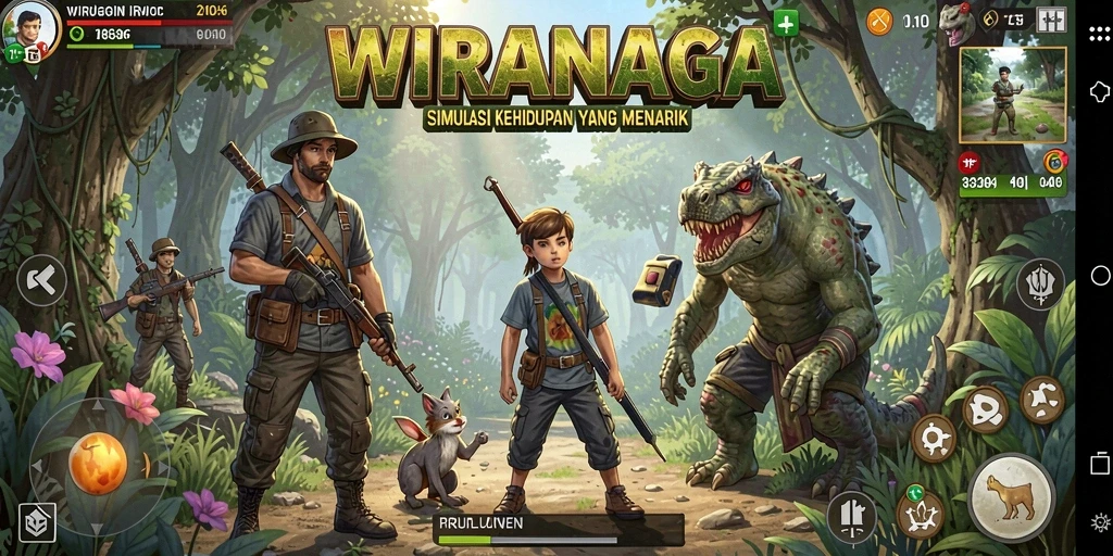 Screenshot gameplay WIRANAGA yang menunjukkan interaksi sosial dan kegiatan kehidupan sehari-hari.